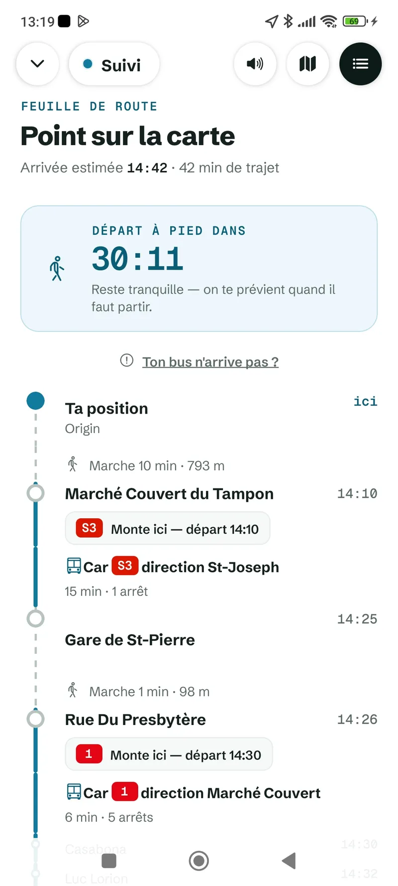 Mob974 — écran Suivi en direct